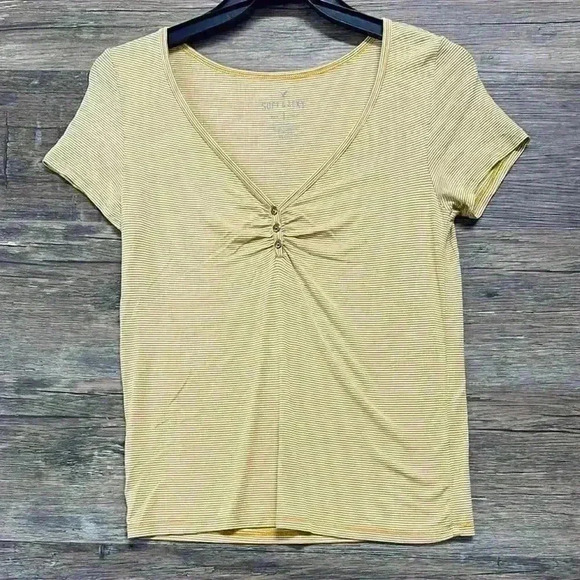 aerie Tops - Aerie soft & sexy Yellow V-Neck Ruched T-Shirt